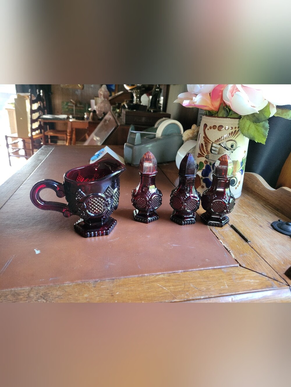 Vintage Avon 1876 Cape Cod Ruby Red Glass Creamer & 3 Shakers